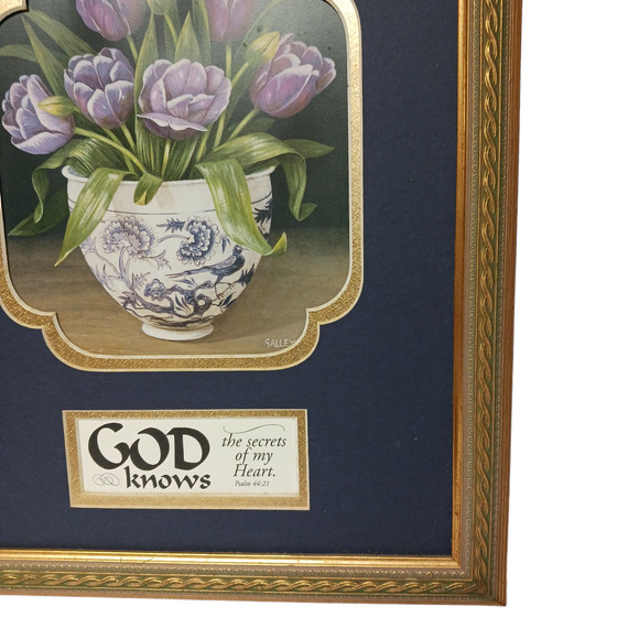 Christian Scripture Framed Picture Purple Floral Tulips Ps 44:21 Inspirational - Picture 8 of 13